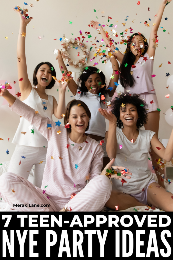 7 New Years Eve Party Ideas for Teens | The transition from kid to tween to teen can make celebrations like NYE a bit tricky -- they aren't into family activities anymore, but they aren't old enough to go out on their own. If you're looking for fun things to do with your teen and their friends to bring in the new year, this post has it all! We're sharing NYE party planning tips plus our favorite themes, games, and activities to make it a fun and safe night your teenagers will remember!