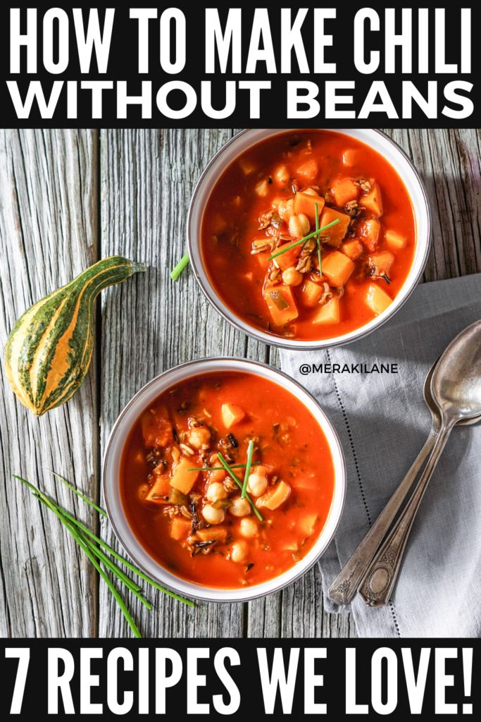 7 No Bean Chili Recipes | Whether you're anti-bean, allergic, or just in the mood for something different, we've got your back. We're sharing 8 of the best bean alternatives for your favorite chili recipes that will add texture and flavor, and we've also curated 7 easy to make chili recipes without beans. Our fav is the Texas no bean chili recipe! Make these in a dutch oven on your stovetop, or throw the ingredients into a slow cooker, crockpot, or instant pot for a simple meal that satisfies!
